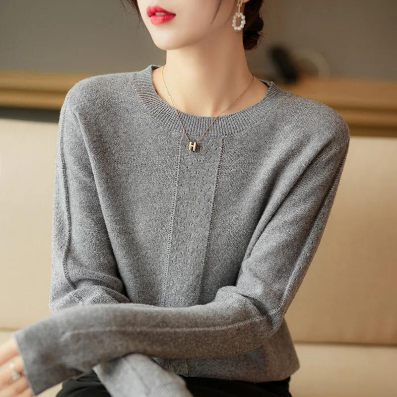 

100% Wool Cashmere Sweater Women Autumn Winter Kint Long Sleeve Pullover Sweaters Female Jumper Tops O-neck Oversized Hollow Out