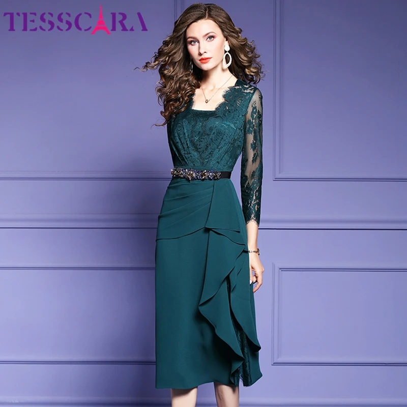 

TESSCARA Women Spring & Autumn Elegant Dress Festa High Quality Long Green Cocktail Party Robe Vintage Lace Designer Vestidos