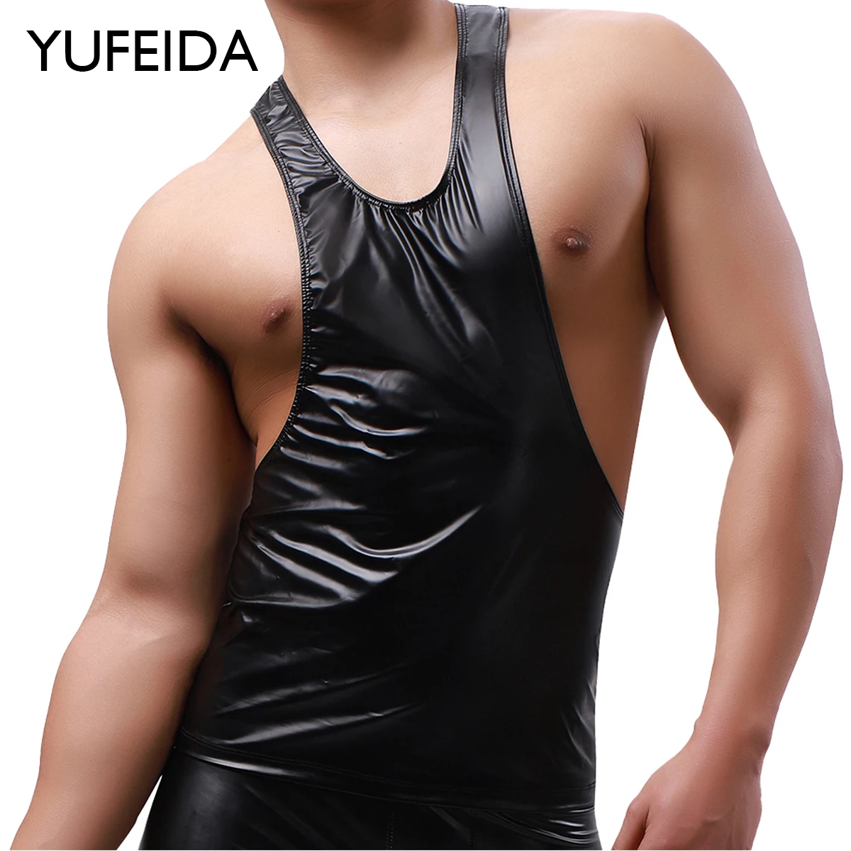 YUFEIDA Men's Fitness Clothing Bodybuilding Tank Top Men Sportwear Sleeveless Shirt Muscle Vests Pu Leather Singlets Tanks Tops