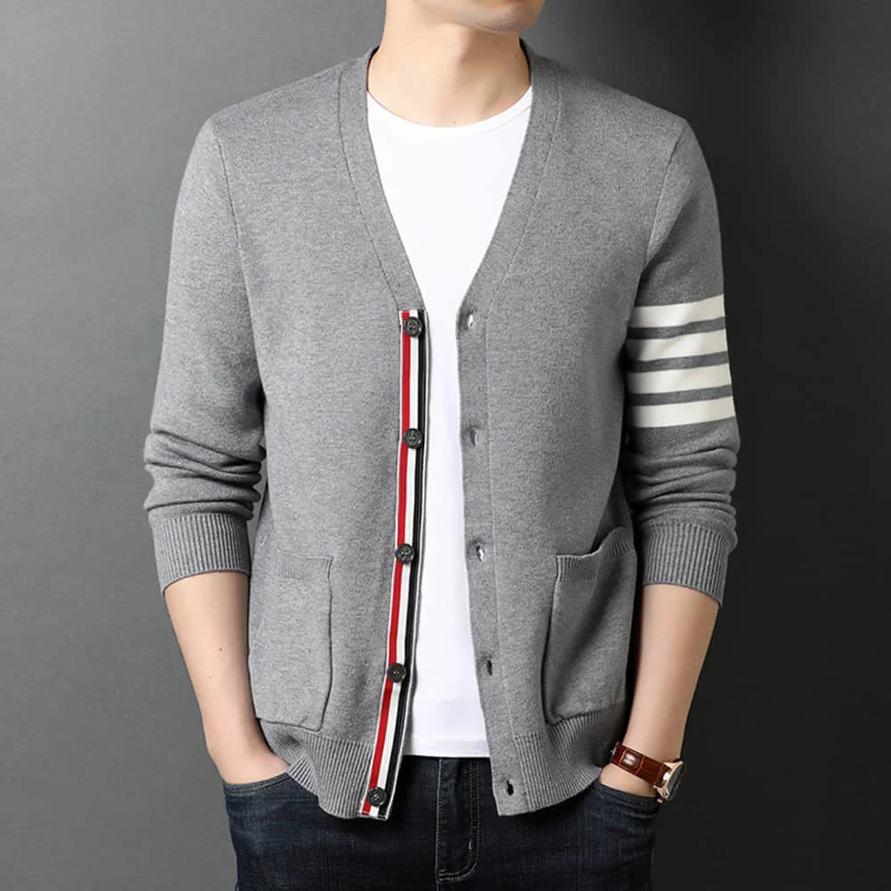 

Mens Cardigan Luxury TB Fashion Brand Thom 4-Bar Stripe Slim Fit V-Neck Cardigans RWB Ribbed Cotton Casual Coat England Style