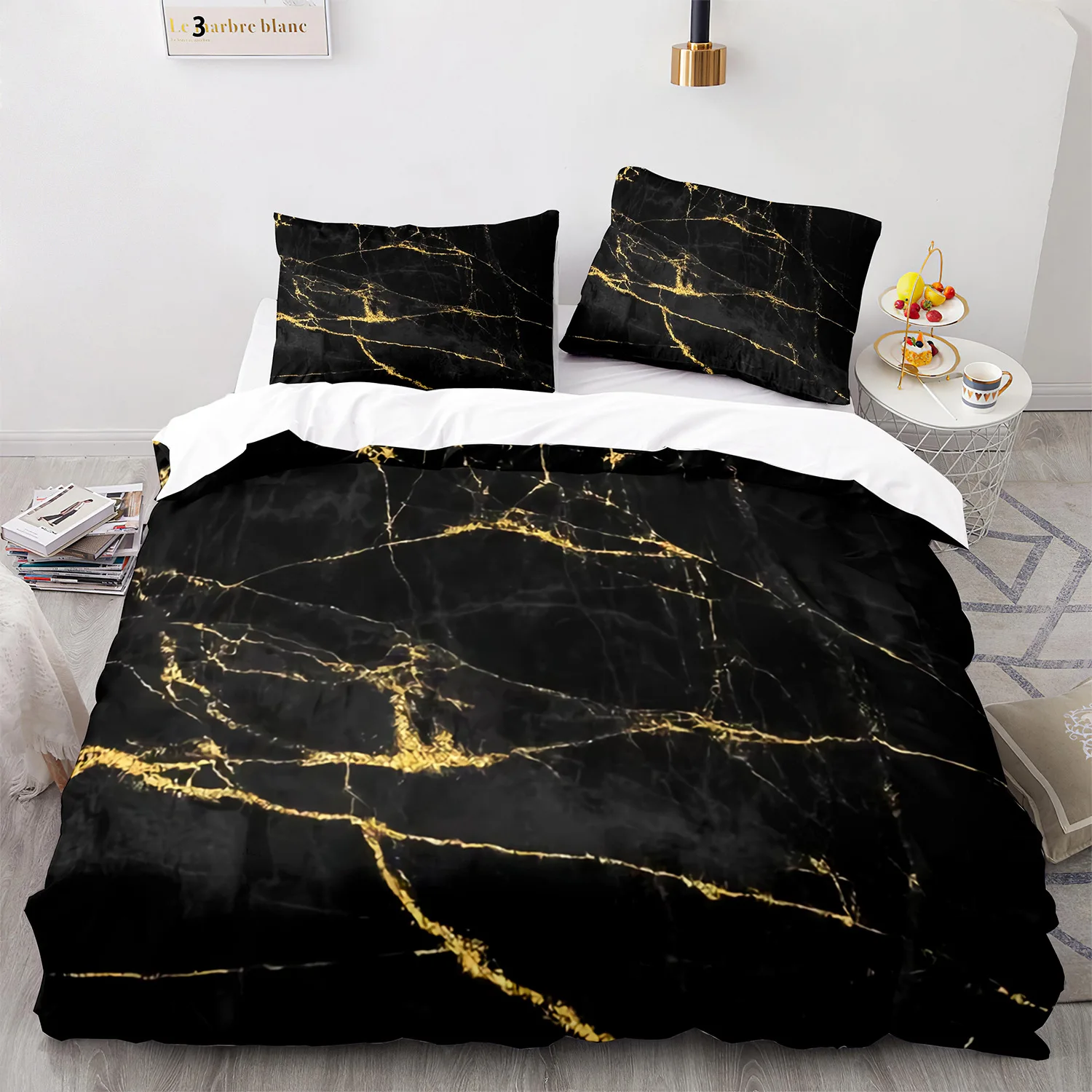

Black Gold Metallic Marble Duvet Cover Set Queen/King/Full/Twin Size Foil Print Glitter Bedding Set for Teen Boy Girls Men Women