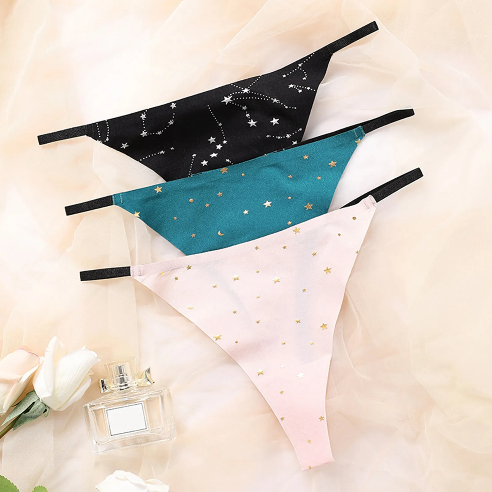 

G-string Thongs Sexy Women Panties Thin Strap Underwear Fitness Star Print Ice Silk Seamless T Pants Ladies Briefs Underpants