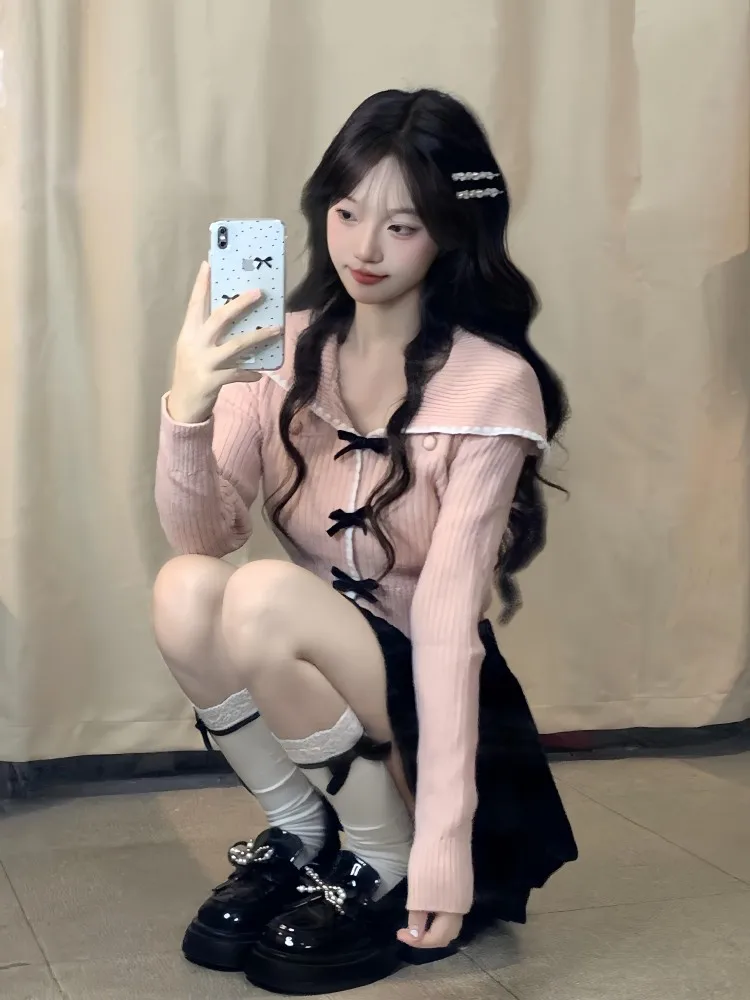 Женский вязаный свитер в стиле преппи с розовым бантом милый облегающий топ