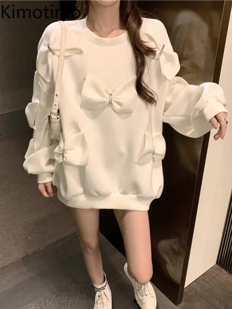 

Kimotimo Three-dimensional Diamond Bow Sweatshirt Women 2022 New Round Neck Long Sleeve Loose Pullover Korean Design Streetwear
