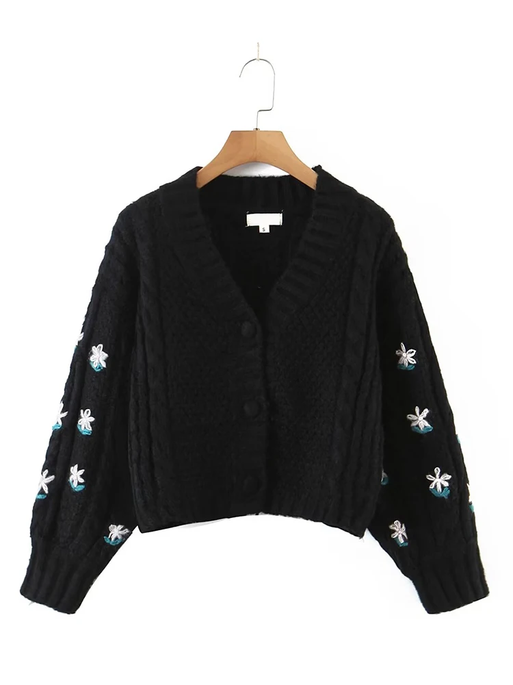 

YENKYE New Women Hand Crocheted Floral Crop Cardigan Sweater Vintage Black Lantern Sleeve Female Autumn Jumpers