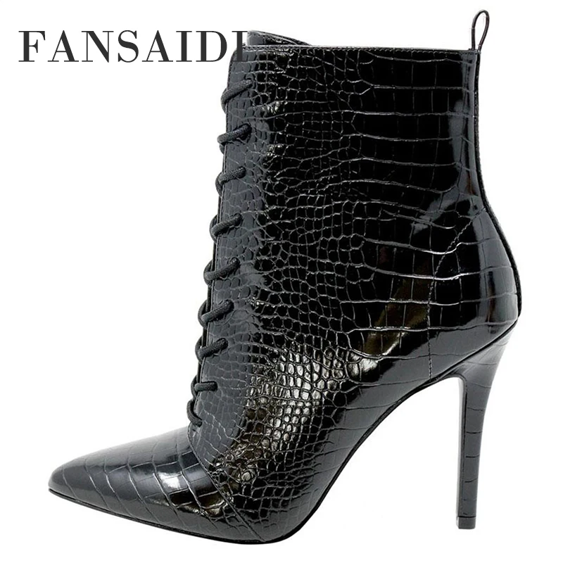 

FANSAIDI Winter Ankle Boots Pointed Toe Stilettos Heels High Heels Clear Heels Cross Tied Party Shoes Ladies Boots 43 44 45