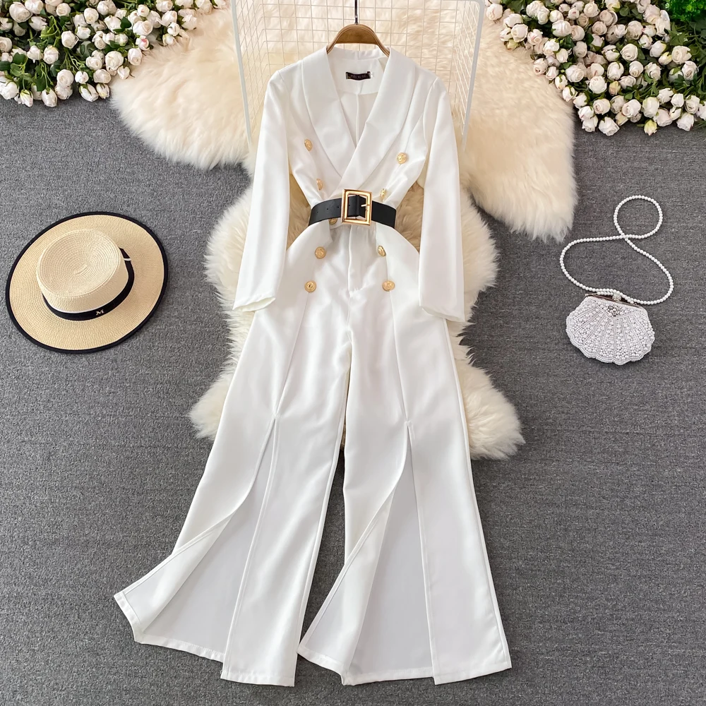 

2022 Spring Fashion Ol Professional Temperament Bandage Waist Closing Suit Collar Jumpsuit High Waist Split Wide Leg Jumpsuit