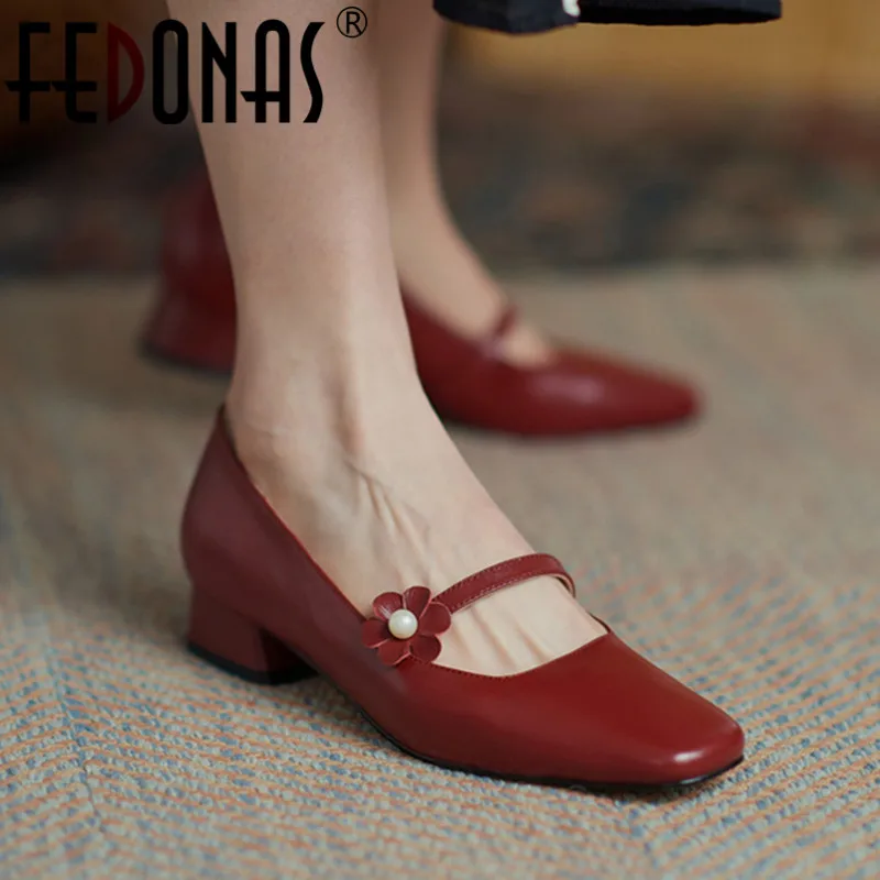 

FEDONAS Spring Retro Mary Janes Women Pumps Concise Sweet Flower Shallow Thick Heels Genuine Leather Shoes Woman New Arrival