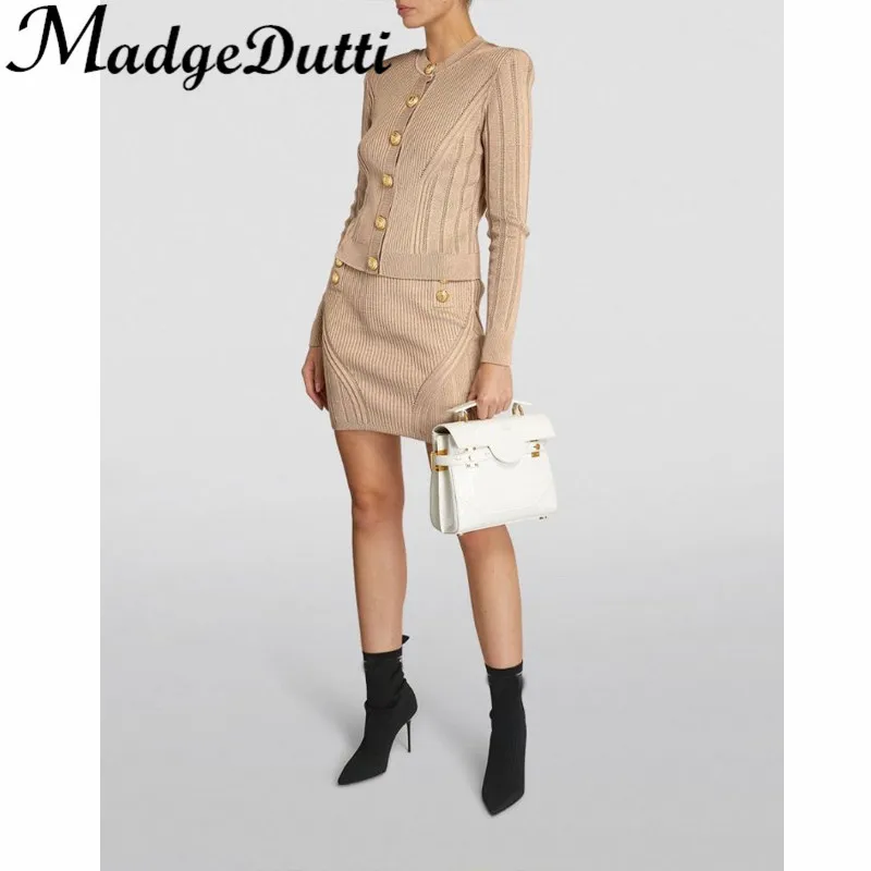 

12.23 Madge Dutti Temperament Shoulder Pads Metal Button O-Neck Jacquard Knitted Cardigan Or Elastic Waist Skirt Set Women