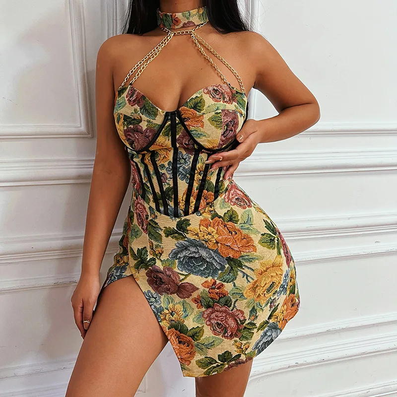

New Floral Pattern Dress Chain Retro Halter Tight Corset Sleeveless Backless Side Slit Mini Dress Tube Top Sexy Party 2022
