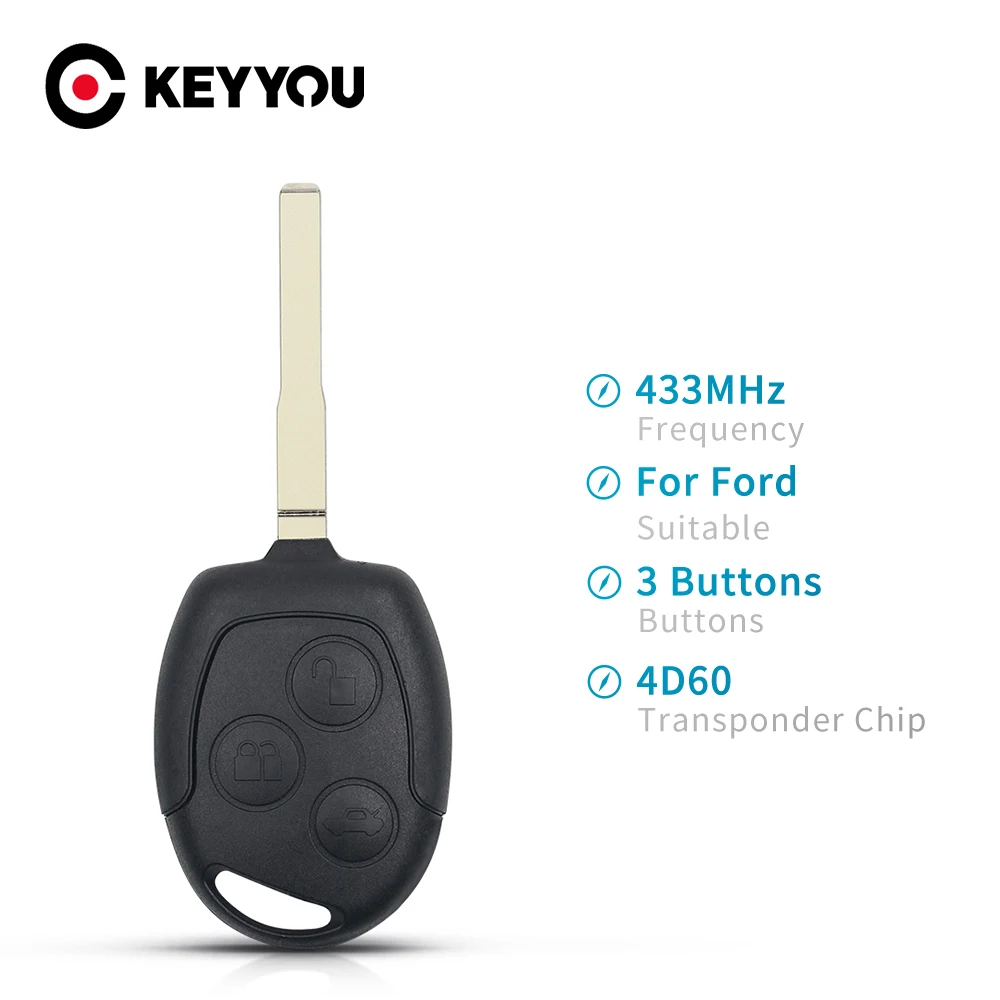 

KEYYOU For Ford Focus Fiesta Fusion Mondeo Galaxy C-Max S-Max ID60 4D63 Chip 3 Buttons Remote Car Key 433Mhz