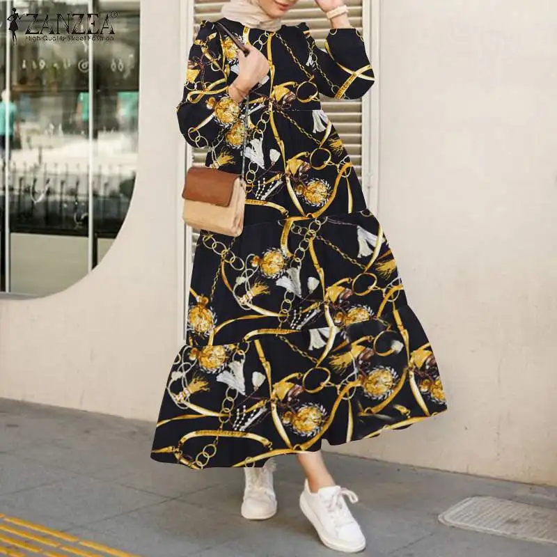 

ZANZEA Casual Scarf Printed Sundress Women Elegant Long Sleeve Ruffle Vestido 2022 Spring Muslim Bohemia Robe Dubai Turkey Abaya