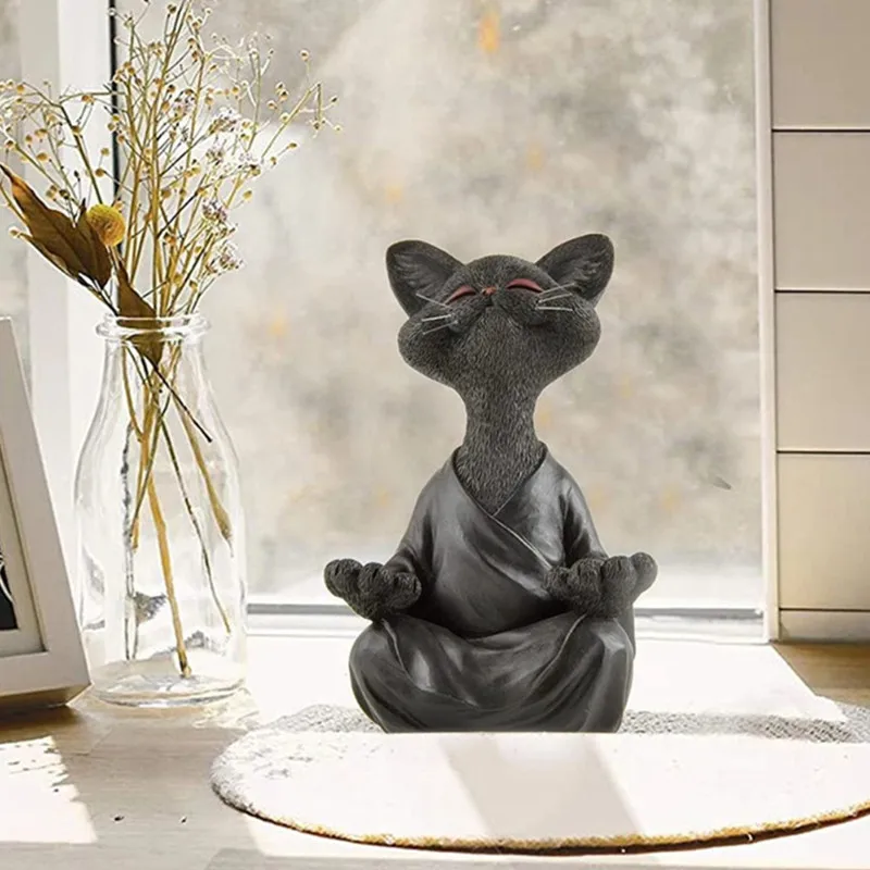 

Meditating Cat Black Buddha Cat Figurine Meditation Yoga Collectible Happy Cat Decor Art Sculptures Garden Statues Home Decor