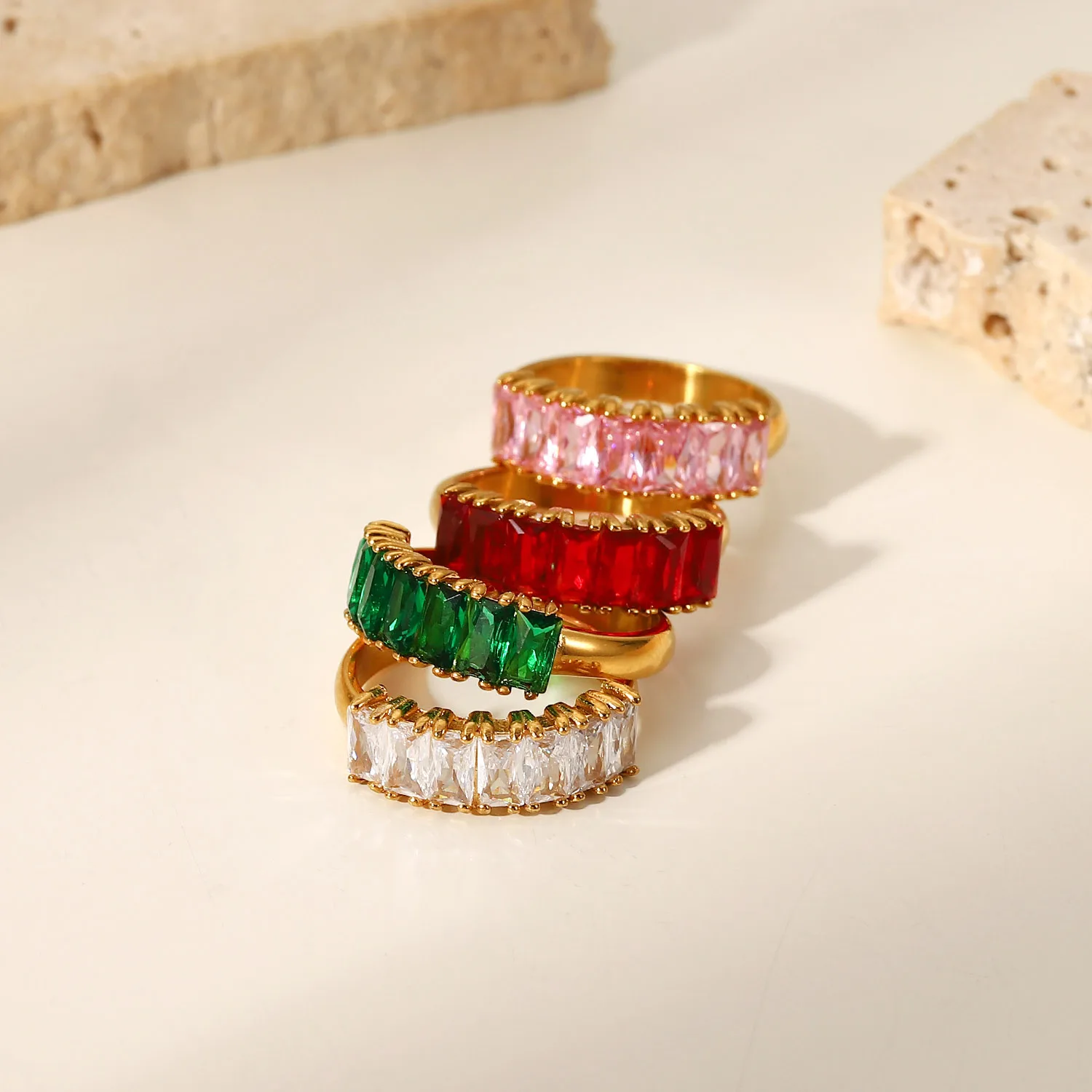 

Colorful ZIrcon Stainless Steel Rings 18k Gold Waterproof Jewlry Women Gift Half Rectangular Cubic Zirconia Rings For Wedding