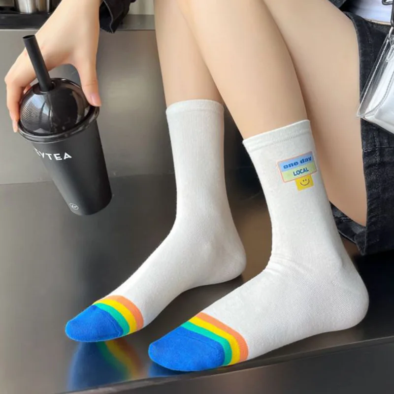 5 Pair College Style Pure Cotton Socks Women Cute Cartoon Smiley Stripe Long Socks Set Autumn Winter Fashion Cycling Foot Cover