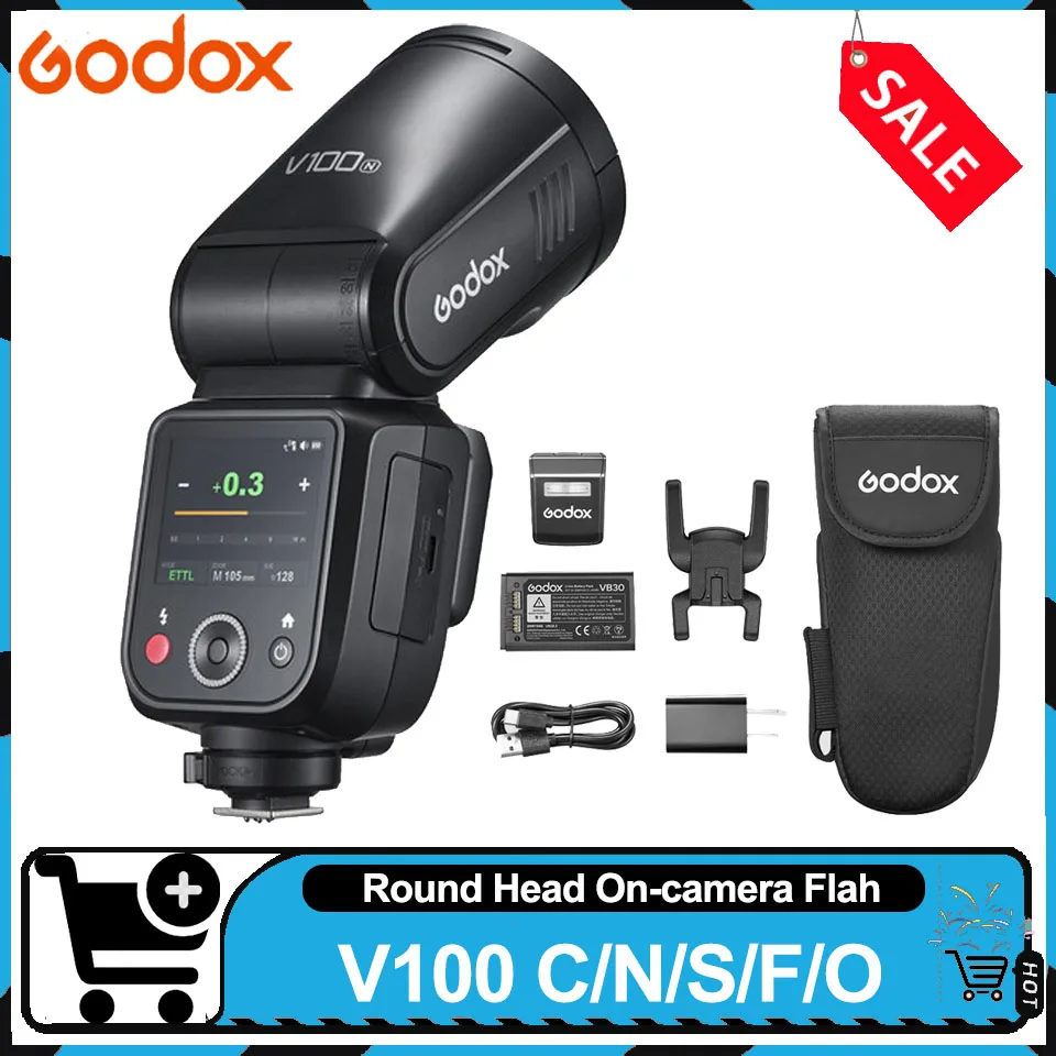 Фото Godox V100 C/N/S/F/O 70, полномощная исполнительная вспышка, сенсорный экран, TTL, HSS, вспышка для камеры с круглой головкой №1