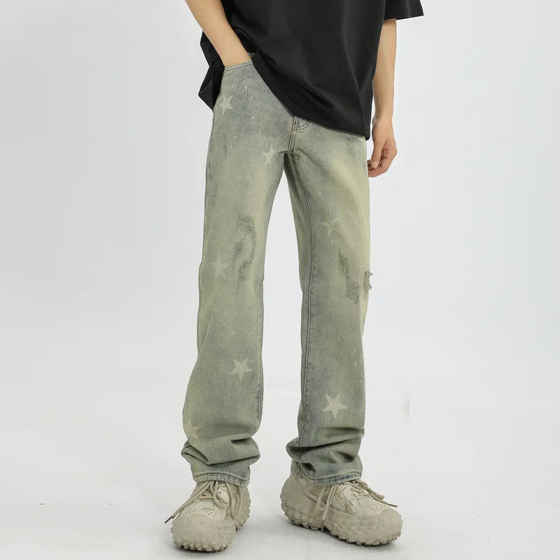 

High Street Retro Star Printed Old Washed Jeans Men's Summer Harajuku Casual Loose Niche Hundred Straight Trousers