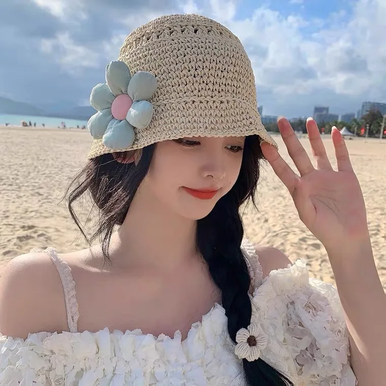 

Summer Colorful Knitted Hollow Fisherman Bucket Hat for Women Retro Hand-made Hat Ladies Outdoor Sun Protection Beach Straw Hat