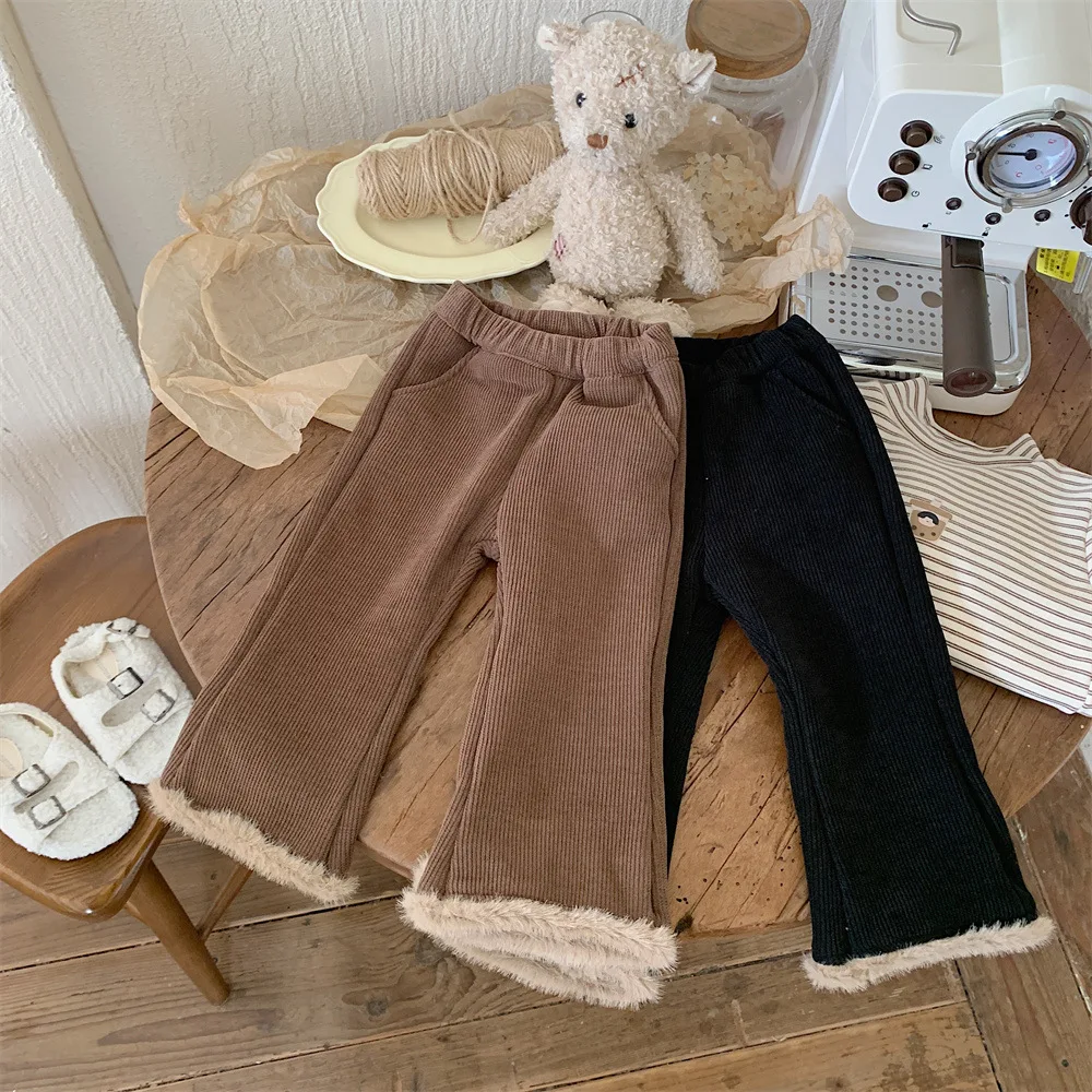 

Autumn Winter Girl Children Retro Plus Velvet Boot Cut Baby Fleece Warm Casual Pants Kid Thick Corduroy Pants Toddler Trousers
