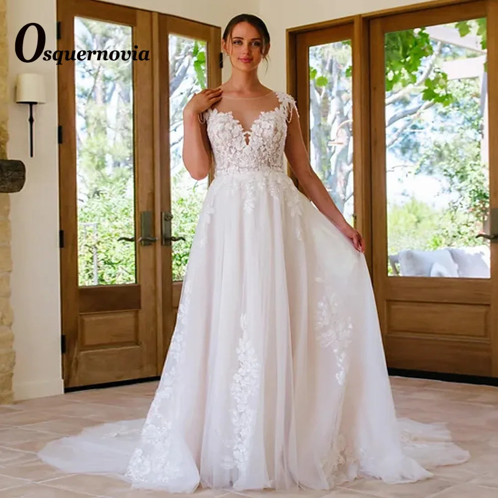 

Osquernovia Princess Beading Keyhole Back Tulle Wedding Dresses for Women Appliques Scoop A-line Abito Da Sposa Personalised