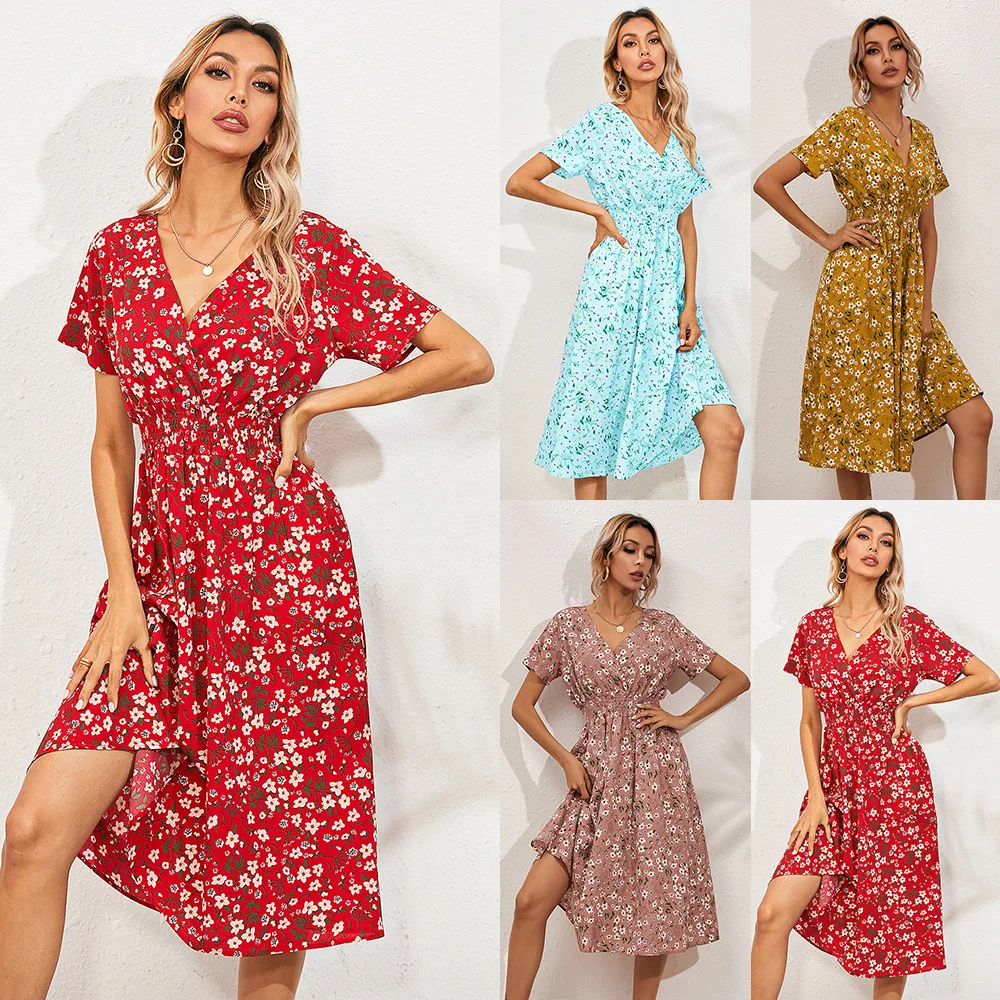 

Elegant Printed Casual Beach Midi Dresses Women Summer V-neck Short Sleeve Empire Waist A-Line Dress Sundress Robes