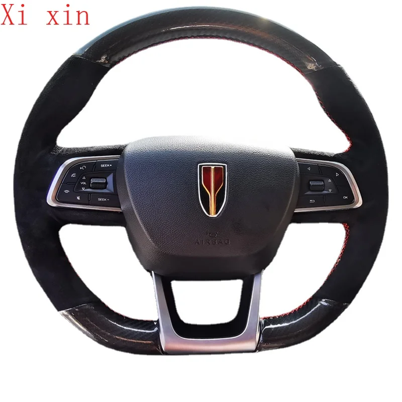 

DIY custom carbon fiber suede hand sewn steering wheel cover for red flag H5 HS5 H9 e-qm5 hs7car interior accessories