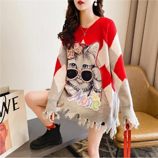 

Cute Cartoon Girl Pullover Girl Woman Women Sweater V-Neck Knit Tops Tight Women's Sweaters Fall Spring Top Coat Cloth Suétere