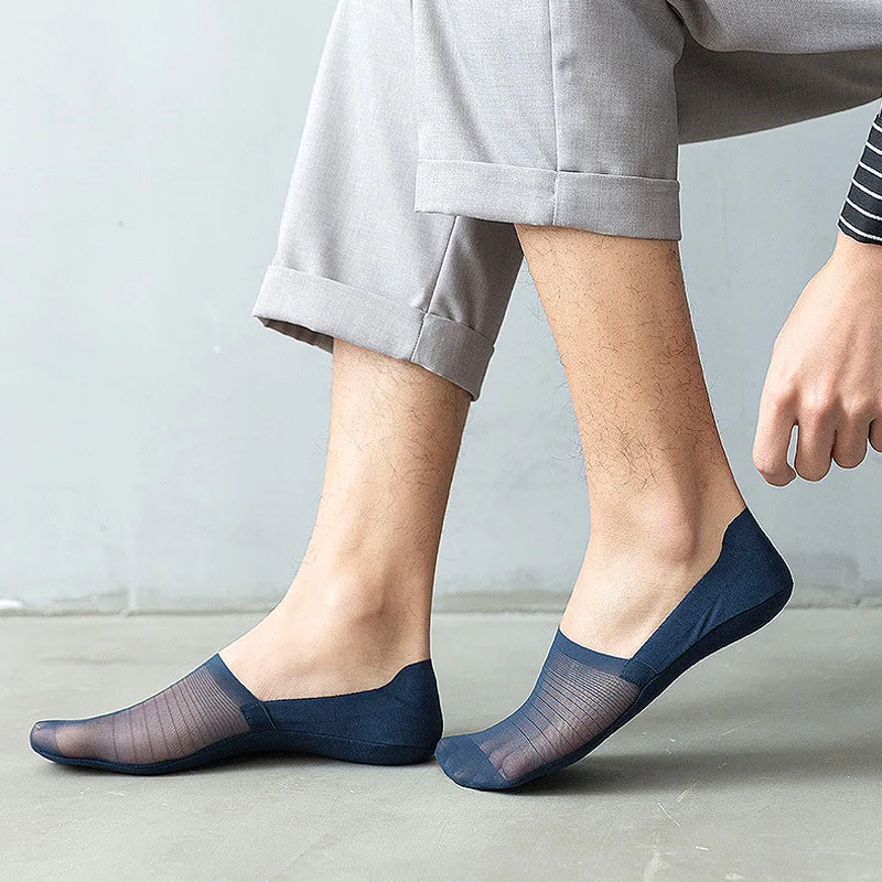 2 Pairs Thin Ice Silk Mesh Socks Men's Summer Invisible Low Cut Non-slip Silicone Anti Odor Soft Breathable Cotton No Show New