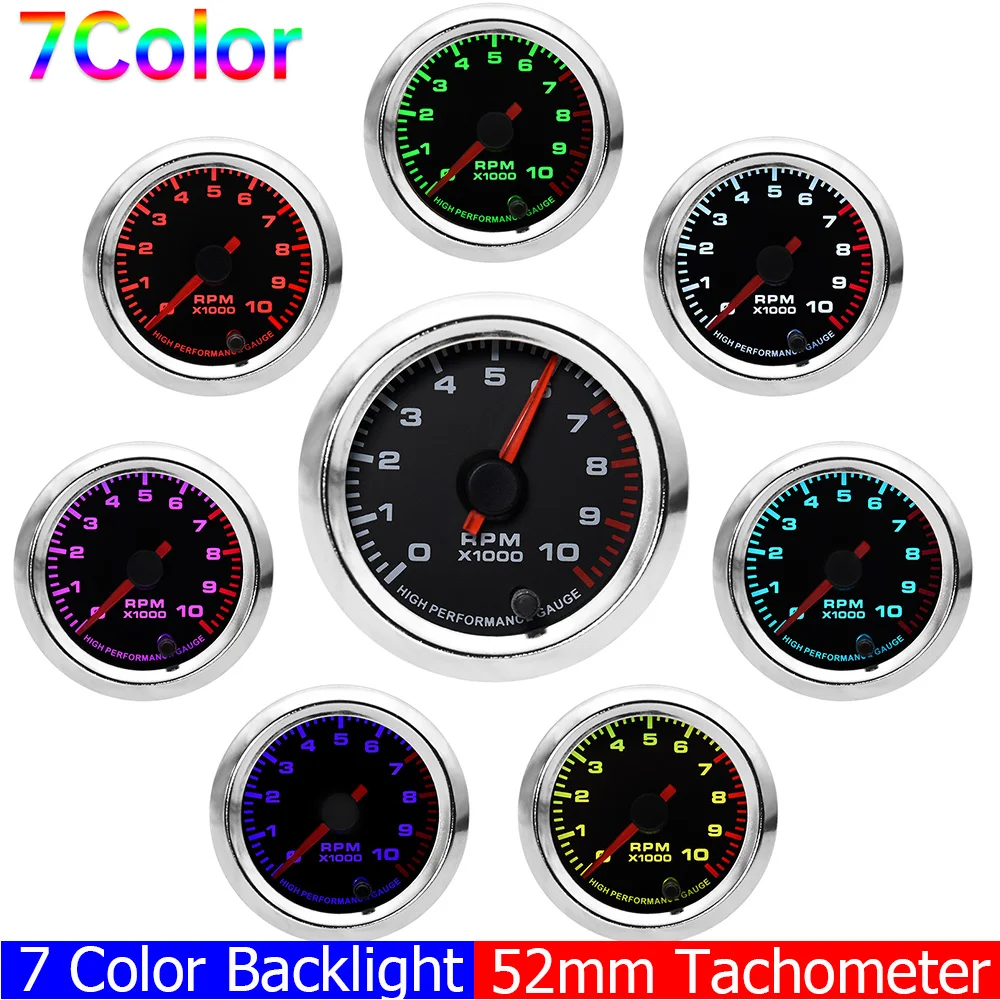 

52MM Tachometer Racing Gauge 7 Color Backlight 0-10000RPM Tacho Meter For 4 6 8 Cylinders 12V Gasoline Car Gauge Holder Pod