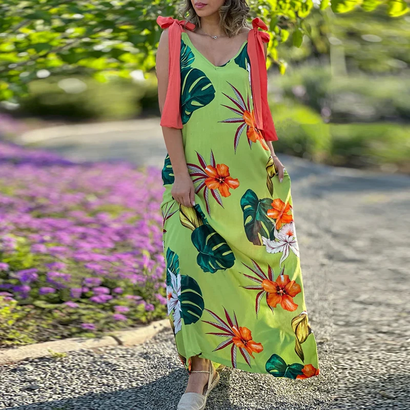 

Женское повседневное пляжное прямое платье в стиле бохо, Элегантное Длинное Платье с V-образным вырезом и цветочным принтом, пикантное праздничное пляжное платье на шнуровке Без Рукавов
