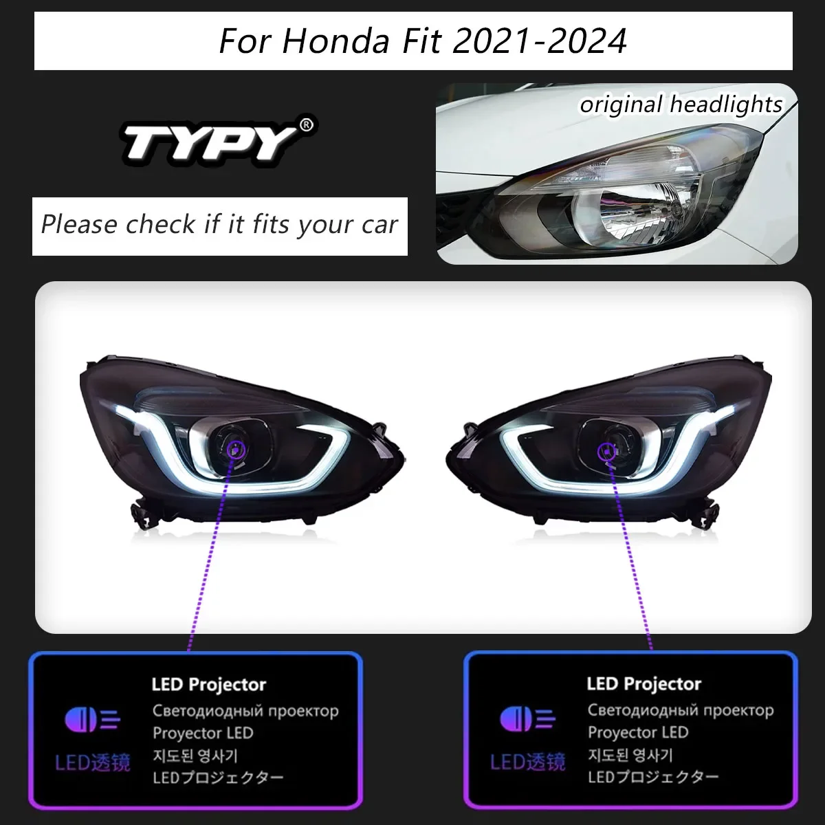 

Автомобильные фары TYPY для Honda Fit, фары 2021-2024, светодиодные фары для проектора, дневные ходовые огни, автомобильные аксессуары