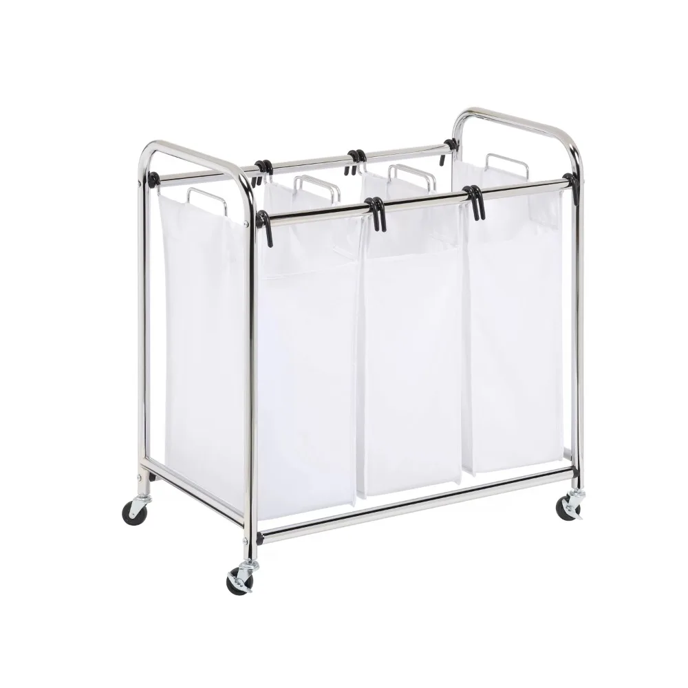 

Chrome Heavy Duty Triple Laundry Sorter Hamper Bag Washing Bin Organizer