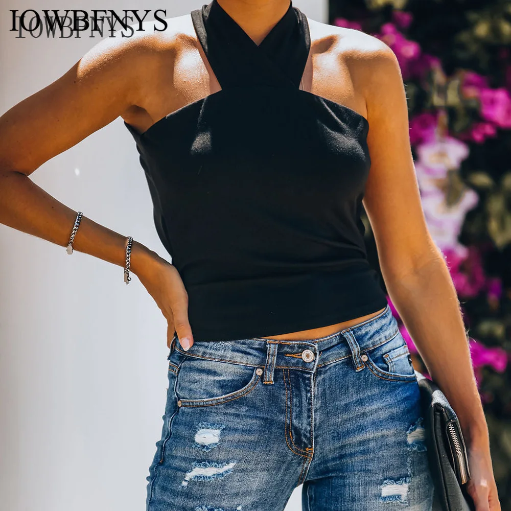 

Halter t shirt Vest Women Fashion 2022 Summer Sexy Top Back Cross Hollow Neck Cool Shoulder Solid Sleeveless Tshirt Women Casual