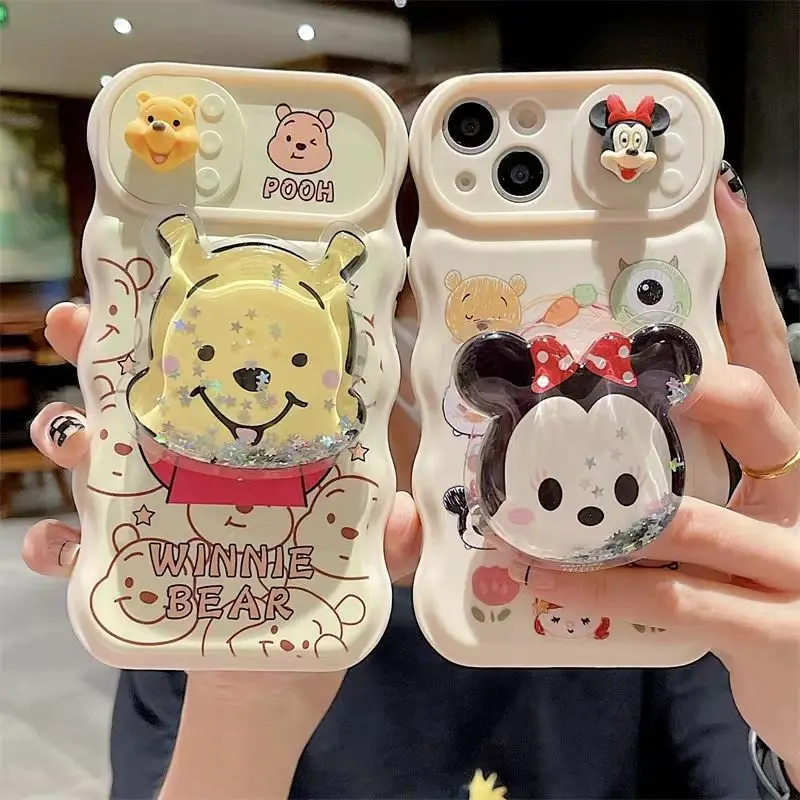 

Cartoon Winnie The Pooh Mickey Mouse With Holder Phone Cases For iPhone 14 13 12 11 Pro Max Plus Window Push Cover