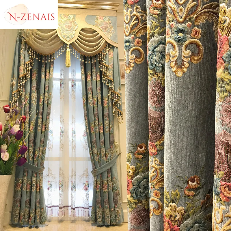 

Custom European Chenille Jacquard Thick Luxury Curtains for Living Room Bedroom Blackout Cloth Finished Valance Window French