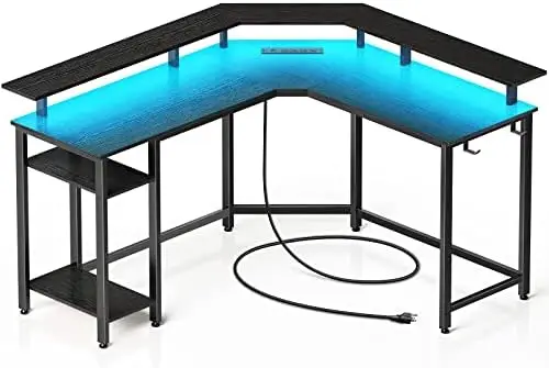 

Desk 55.1" with Power Outlets USB Ports & LED Strip,Reversible L Shaped Desk with Monitor Stand & Storage Shelf,L Sh