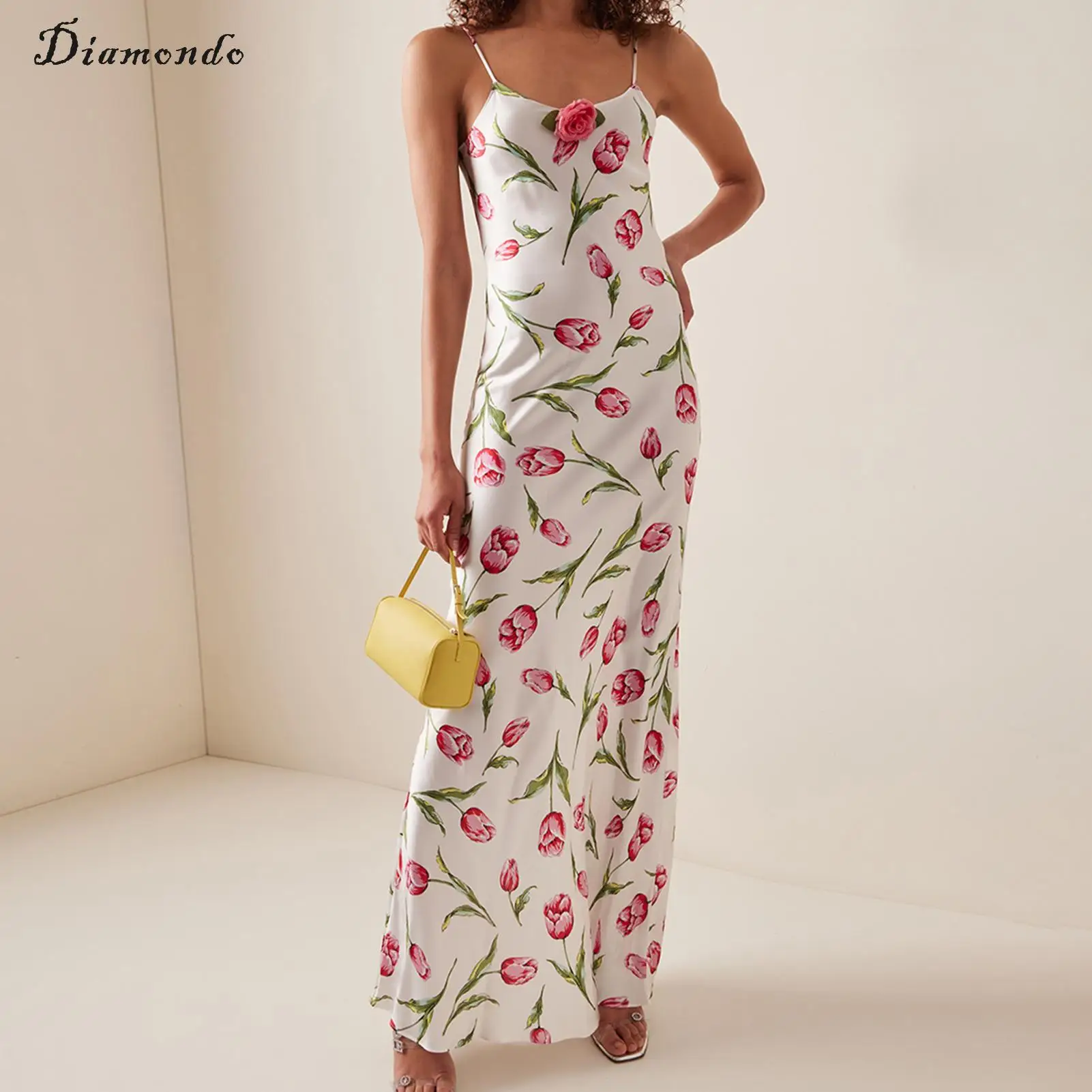 

Women Tulip Print Sleeveless Sling Dress Elegant Spaghetti Strap Dress Backless Summer Temperament Fairy Grunge Party Clubwear