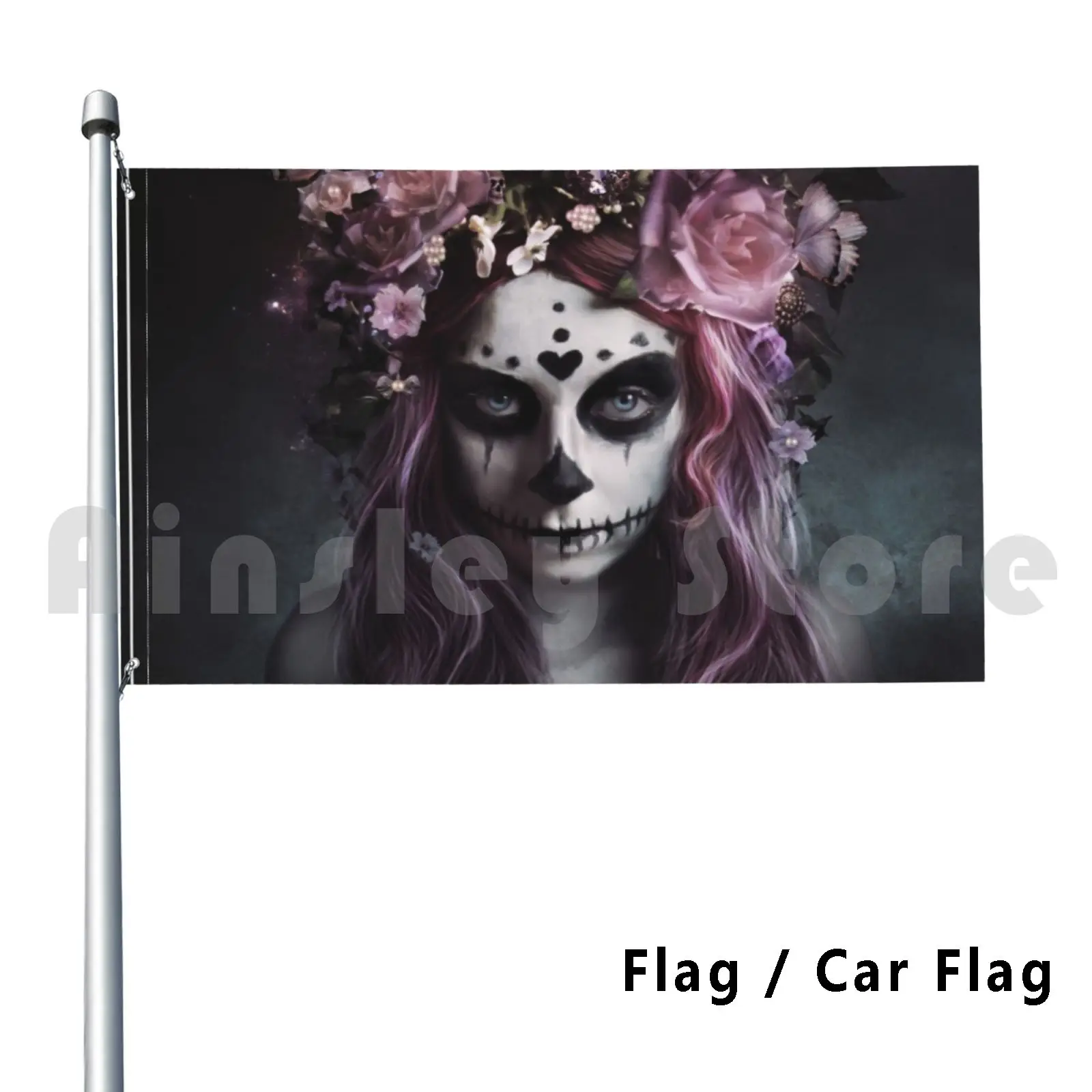 Флаг Дня мертвых, флаг автомобиля, смешной День мертвых, сахар, Sugarskull diadelosмертtos, Розовый Готический Темный