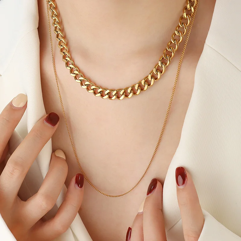 

Hip-Hop Trend Cool Stacking Double-Layer Chain Necklace Personalized Fashion Jewelry Men And Women Couple Necklace