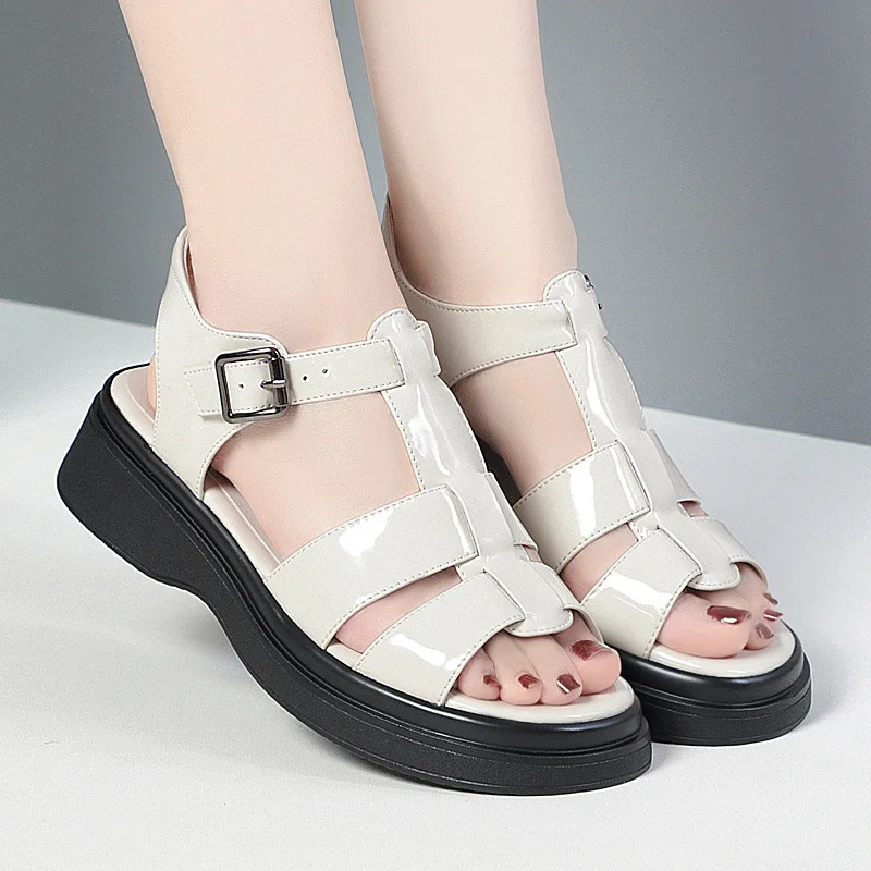 

Roman Shoes Women's Sandals Thick Sole Bright Leather Sandals Summer Mother Muffin Shoes Non-slip