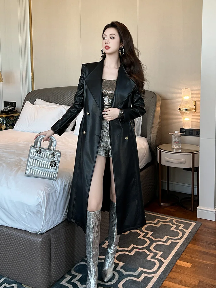 Женская кожаная куртка на осень и зиму новая свободная тонкая длинная в