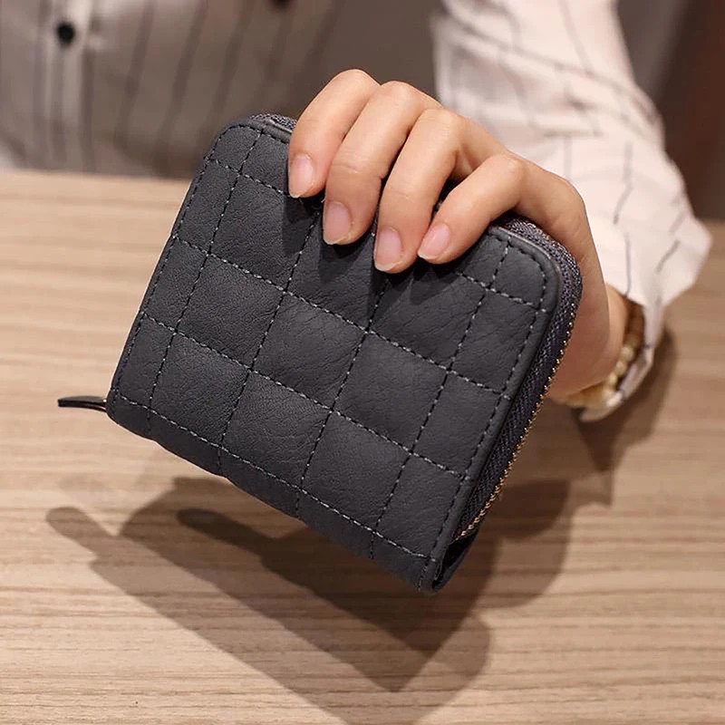

Women Fashion Small Zipper Wallet with Coin Purse PU Leather Plaid Purses Ladies Cute Mini Korean Version Small Card Pack New