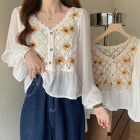 women t shirt floral embroidered long sleeved tees harajuku v neck chiffon tshirts summer 2022 chic tops new woman clothing