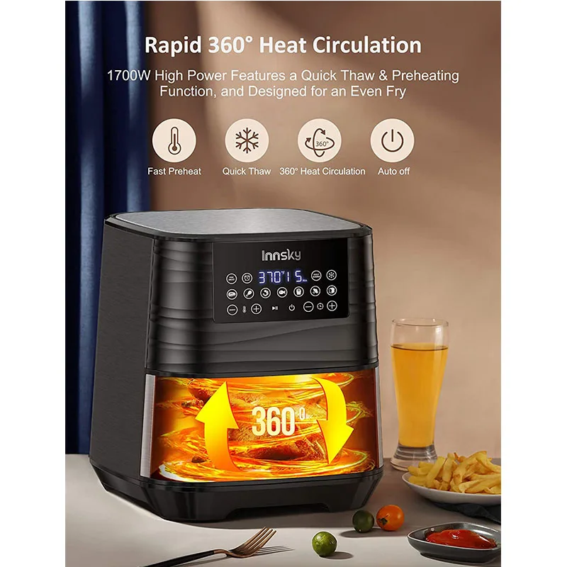 

Фритюрница Innsky XL 5,8 QT, Модернизированная 11 в 1 безмасляная духовка 2021, Простой сенсорный экран с предварительным нагревом и задержкой старта