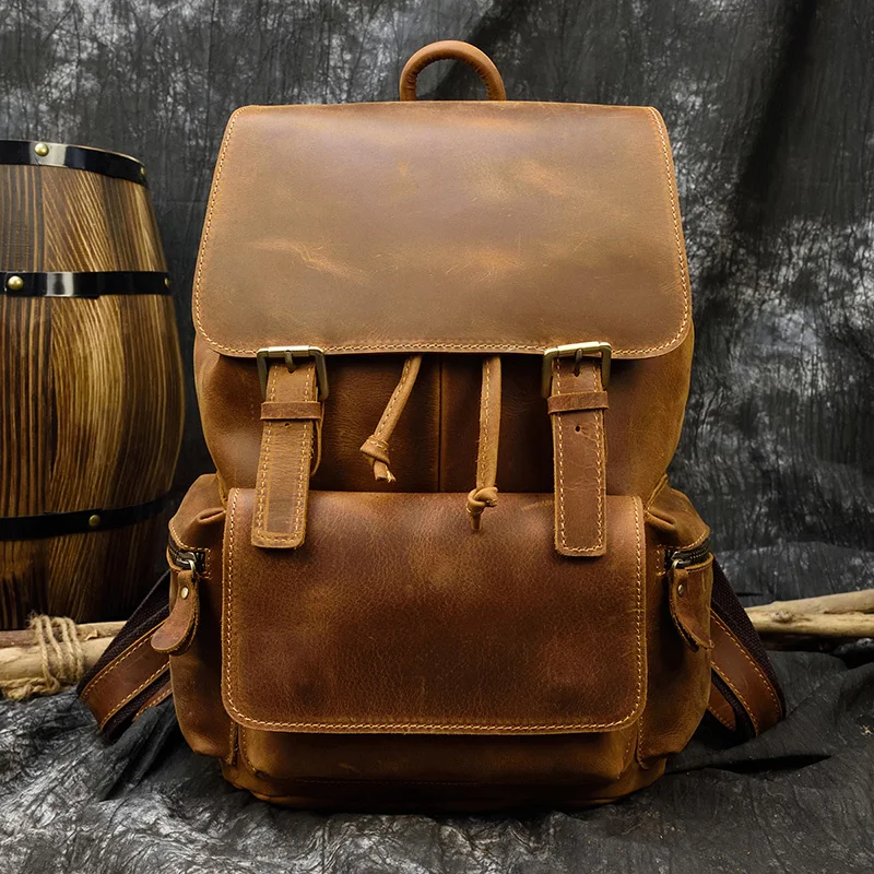 

Casual Men Genuine Leather Backpack Crazy Horse Leather Vintage Style Travel Bagpack School Bag Leather Daypay Man Women