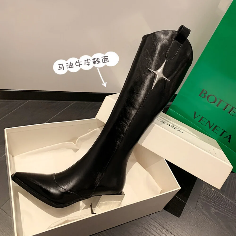 Style Pointed Toe Long Boots Women Autumn Silver Thick Heels Knee High Boots Woman Zipper Pu Leather Cowboy Botas