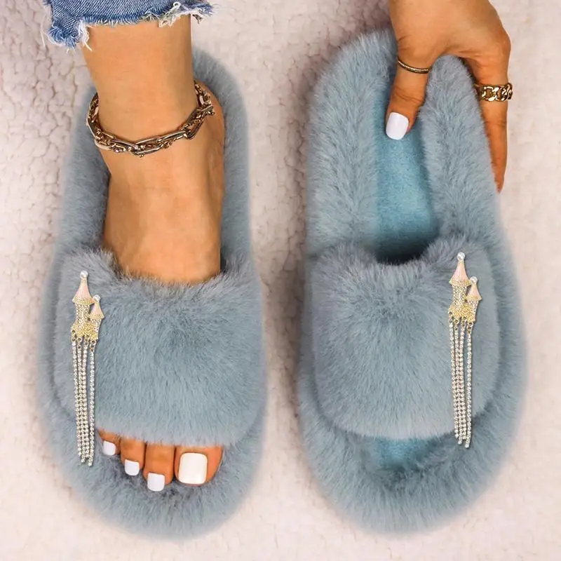 Women's Fluffy Slippers Fairy Dream Castle Tassel Decor Faux Fur Slides Sandals Female Winter Warm Shoes Ladies Soft Slippers