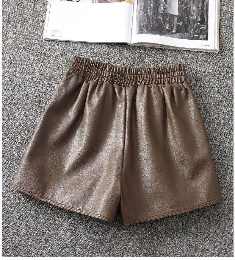 High waist leather shorts women's large fashionable autumn PU leather pants wear wide leg shorts P3 843