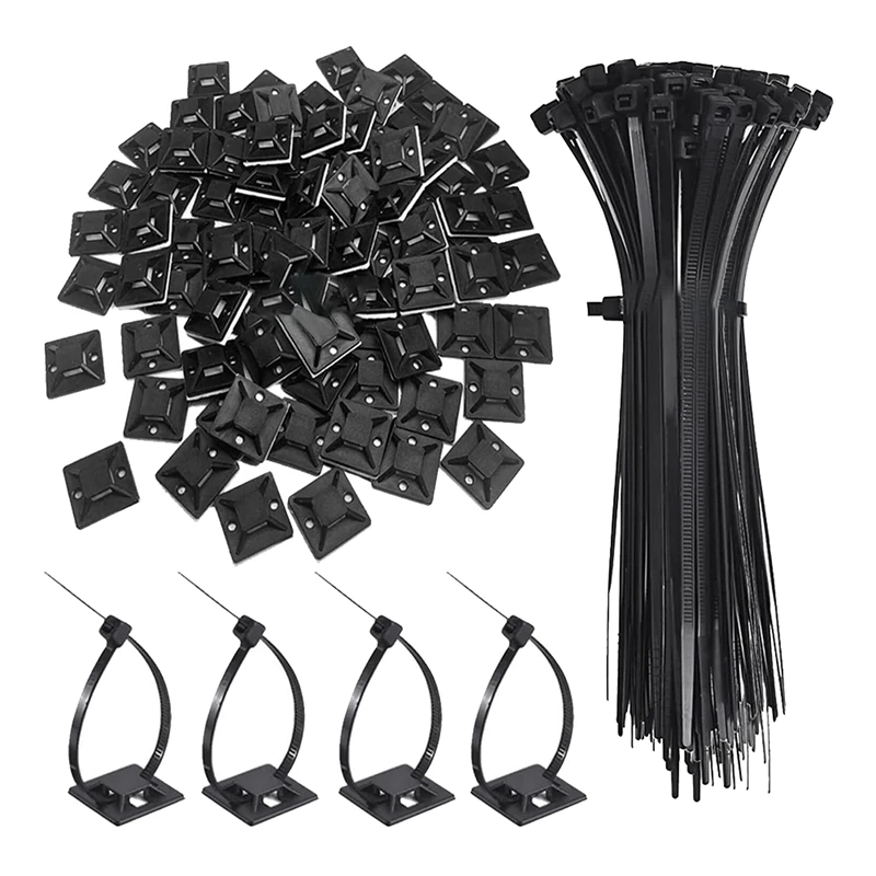 120 Pcs Black 8Inch Zip Ties Cable Tie Holder, Self-Adhesive Cable Tie Holder Cable Clamp Clips Management Organizer