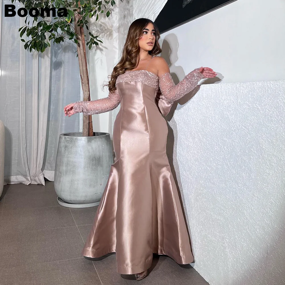 

Booma Sequin Satin Mermaid Evening Dresses Strapless Oversleeves Prom Dresses Back Bow Arabia Formal Occasion Party Dresses